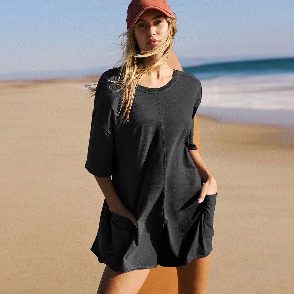 Combinaison courte ample d'été décontractée pour femmes à manches courtes, dos nu, style plage, avec poches