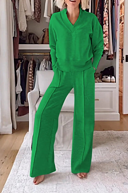 Ensemble deux pièces col en V manches longues haut ample pantalon large