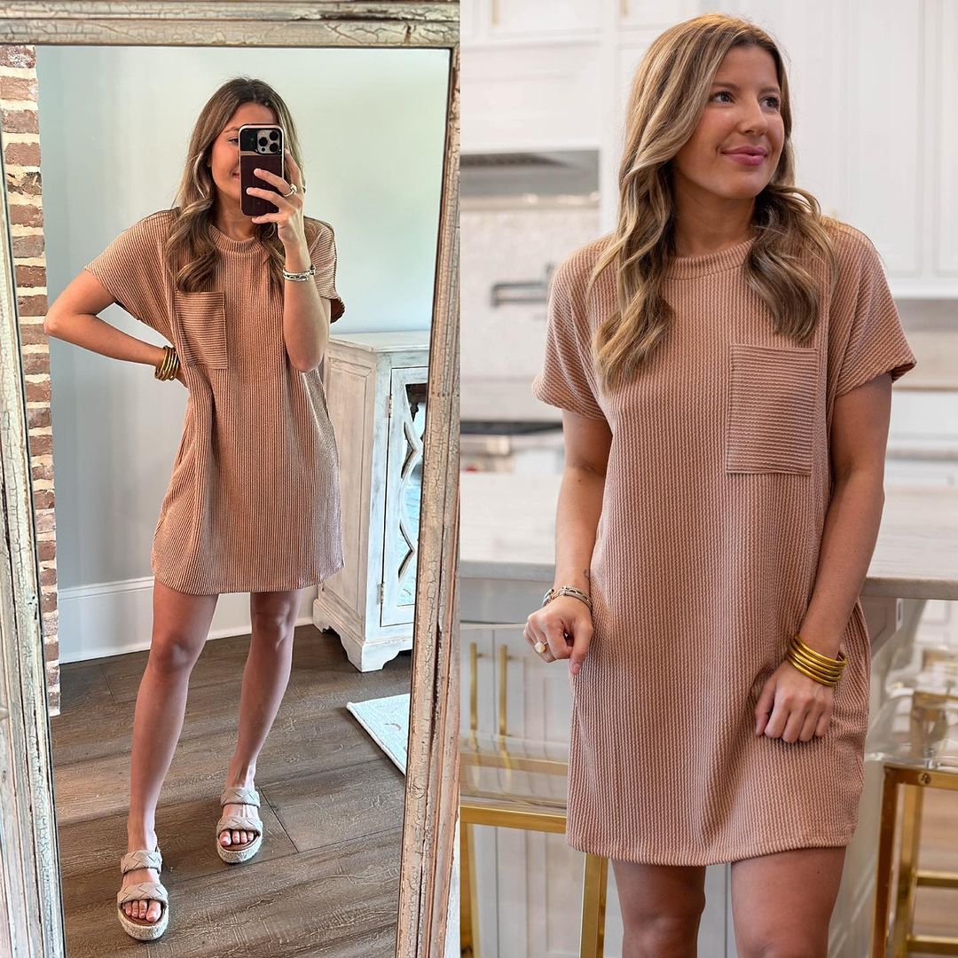 Vestido de Bolsillo de Manga Corta a Rayas para Mujer