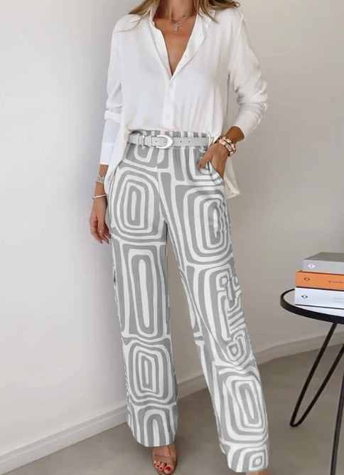 Ensemble Femme Chemise Décontractée à Revers et Manches Longues Imprimée et Pantalon Large