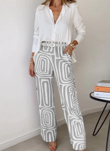 Ensemble Femme Chemise Décontractée à Revers et Manches Longues Imprimée et Pantalon Large