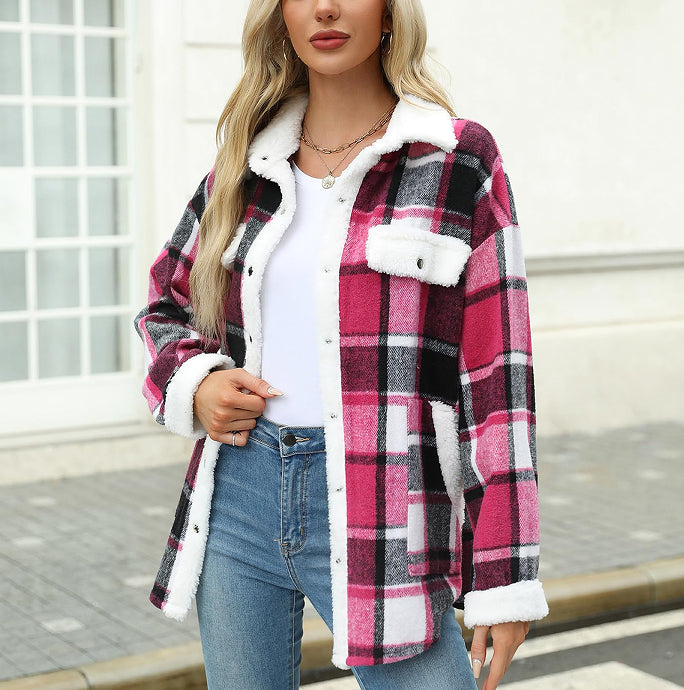 Chaqueta de terciopelo informal a cuadros de color en contraste con cuello polo para mujer