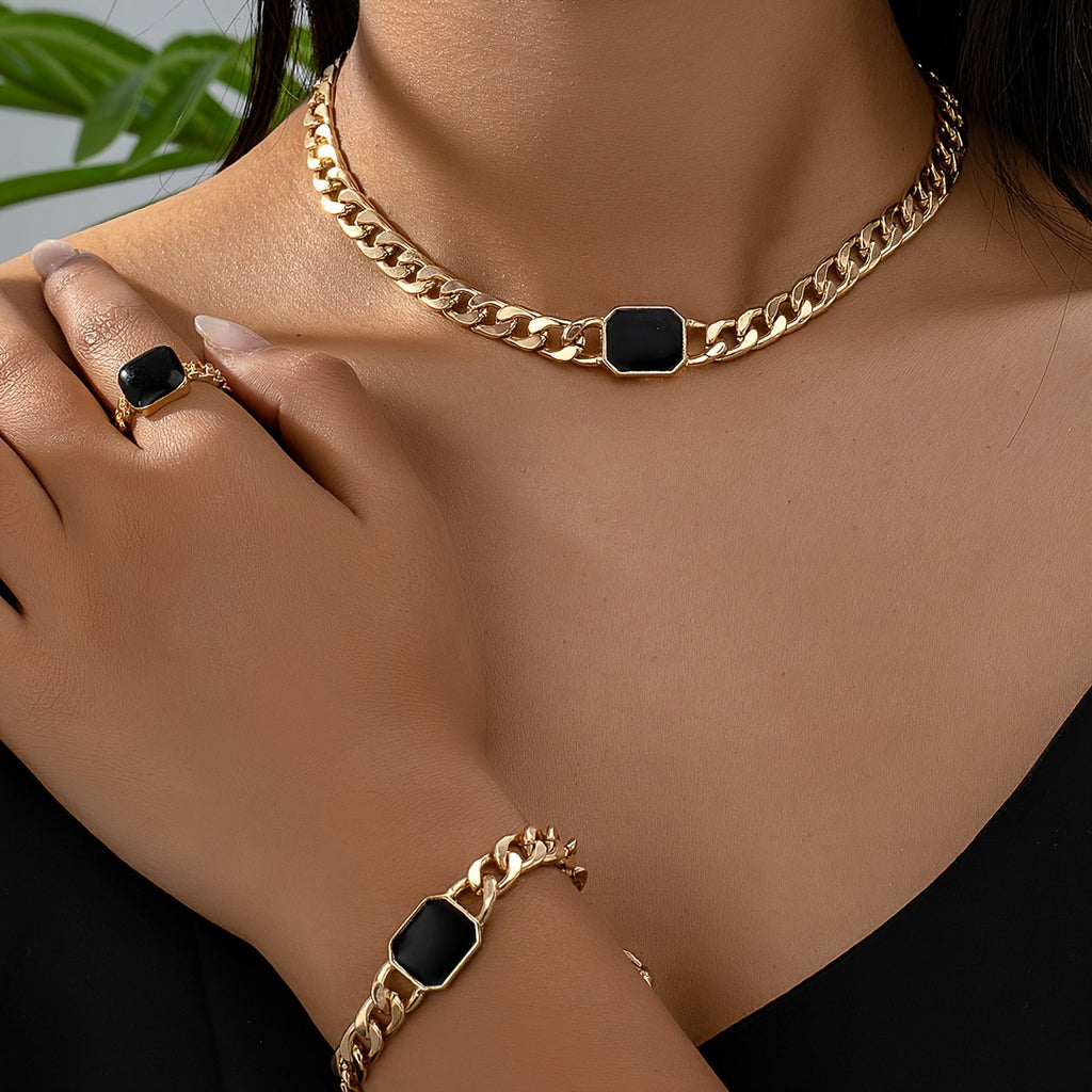 Parure de bijoux géométrique en forme de chaîne, collier, bracelet et bague