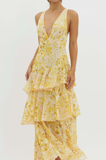 Women's Spaghetti-strap Floral Print Backless Multi-layer V-neck Dress