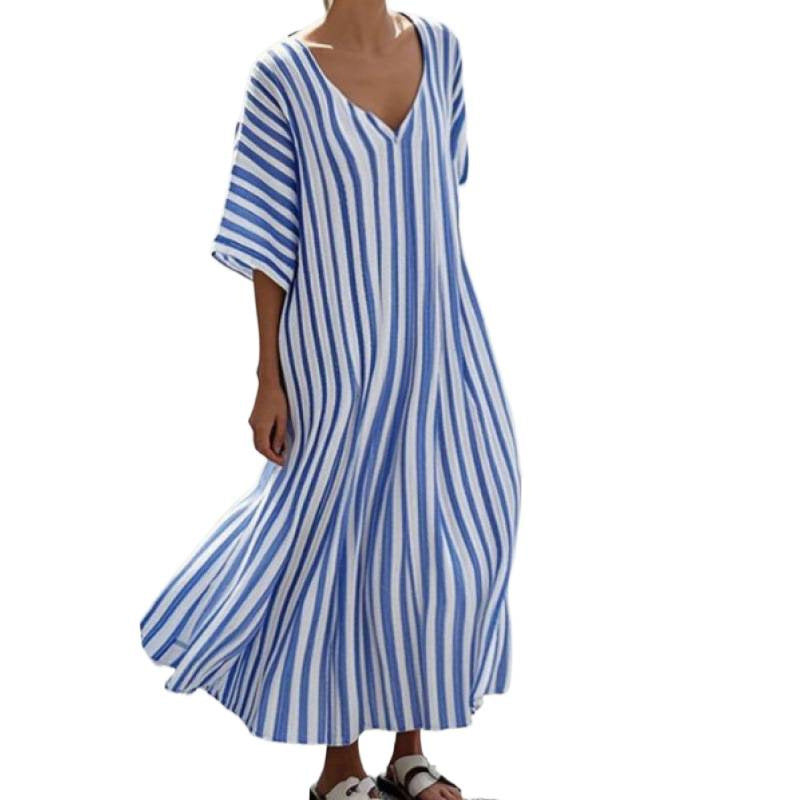 Fashionable Womens Striped-Neck Short-Sleeve Loose Plus-Size Dress