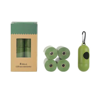 EPI degradable pet garbage bags by AdTec; 8 rolls of green bags with a clip-on dispenser