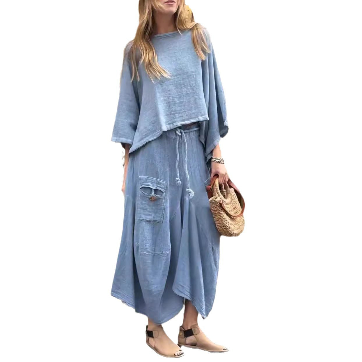Traje de dos piezas de vestido holgado de color liso casual