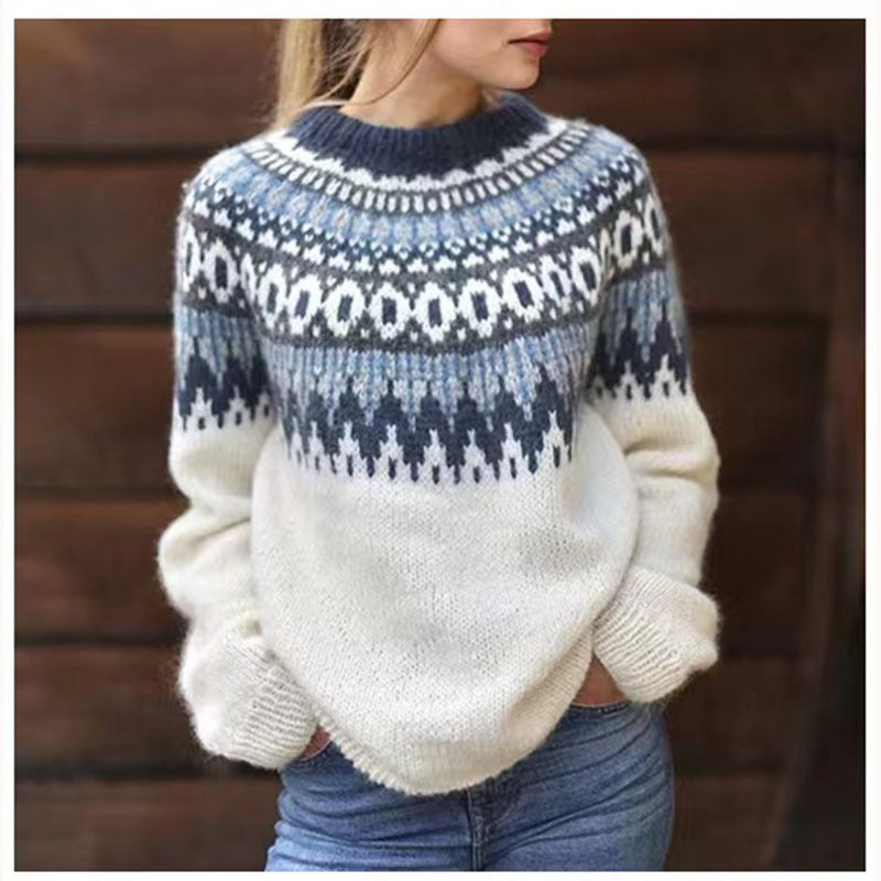 Pull ras du cou imprimé jacquard vintage