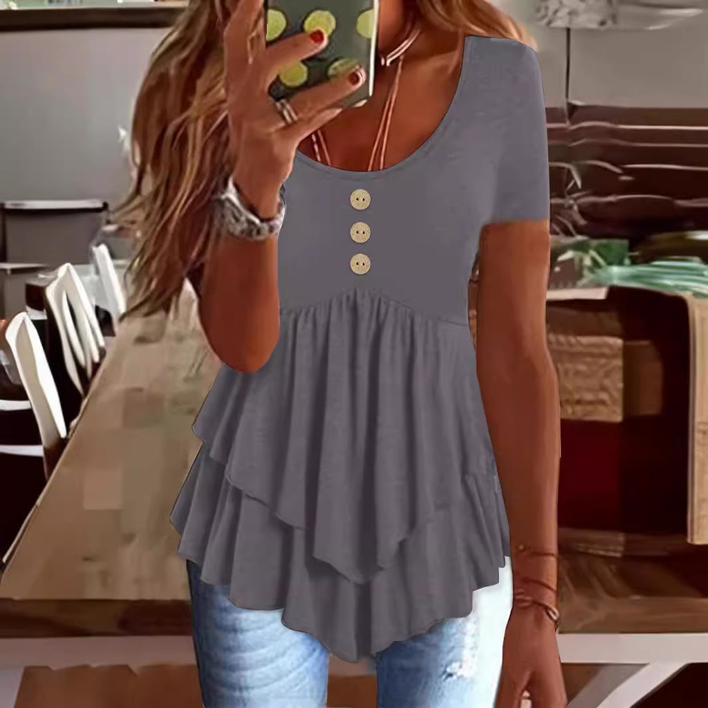 Moda de manga corta, color liso, tres botones, estilo casual