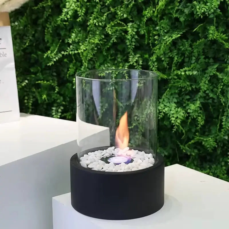 Extra Large Portable Tabletop Fire Bowl 22x28cm, black base, glass guard, white stones, bio-ethanol, JHY DESIGN