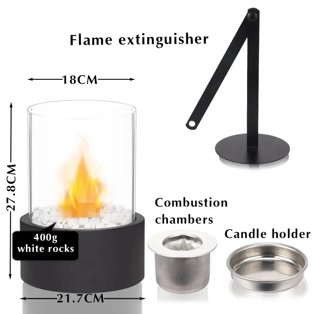 JHY DESIGN Extra Large Portable Tabletop Fire Bowl with glass cylinder, black base and white rocks, ventless bio-ethanol