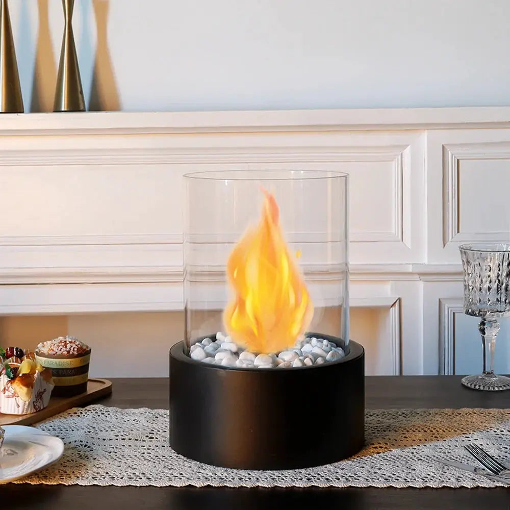 JHY DESIGN Extra Large Portable Tabletop Fire Bowl, 22x28 cm, black base with clear glass hurricane and white pebbles.