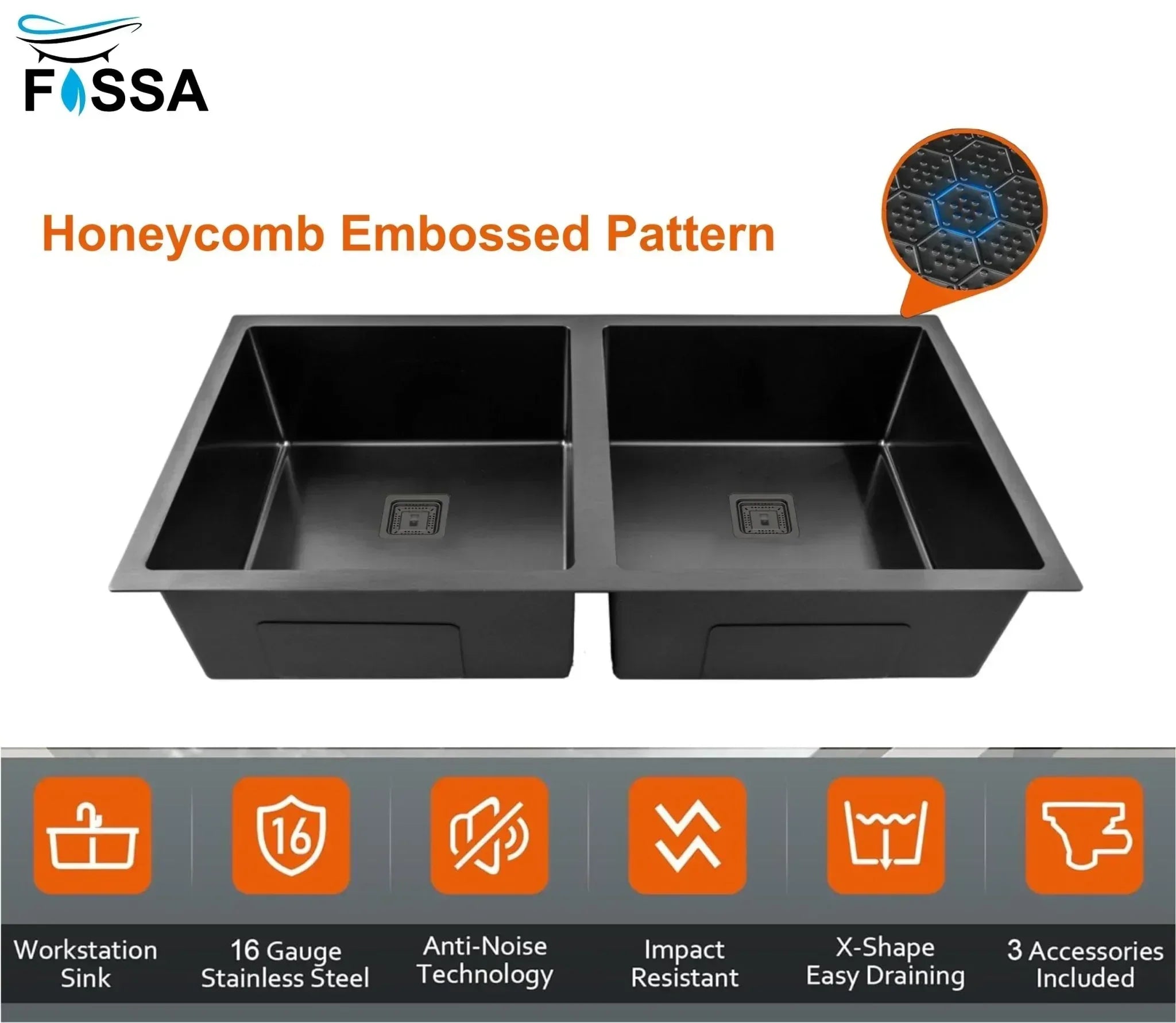 304 Honeycomb Embossed (45"x20"x10") Inch Double Bowl Black  Kitchen Sink with Nano Coating-3