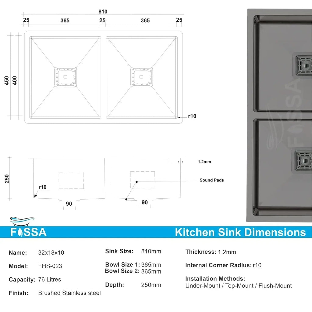 304 Handmade (32x18x10) Inch Double Bowl  Black Stainless Steel Kitchen Sink-1