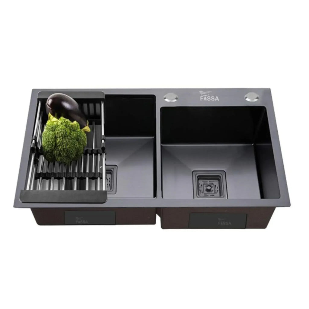 304 Handmade (32x18x10) Inch Stainless Steel Double Bowl Black Kitchen Sink With Tap Hole-0