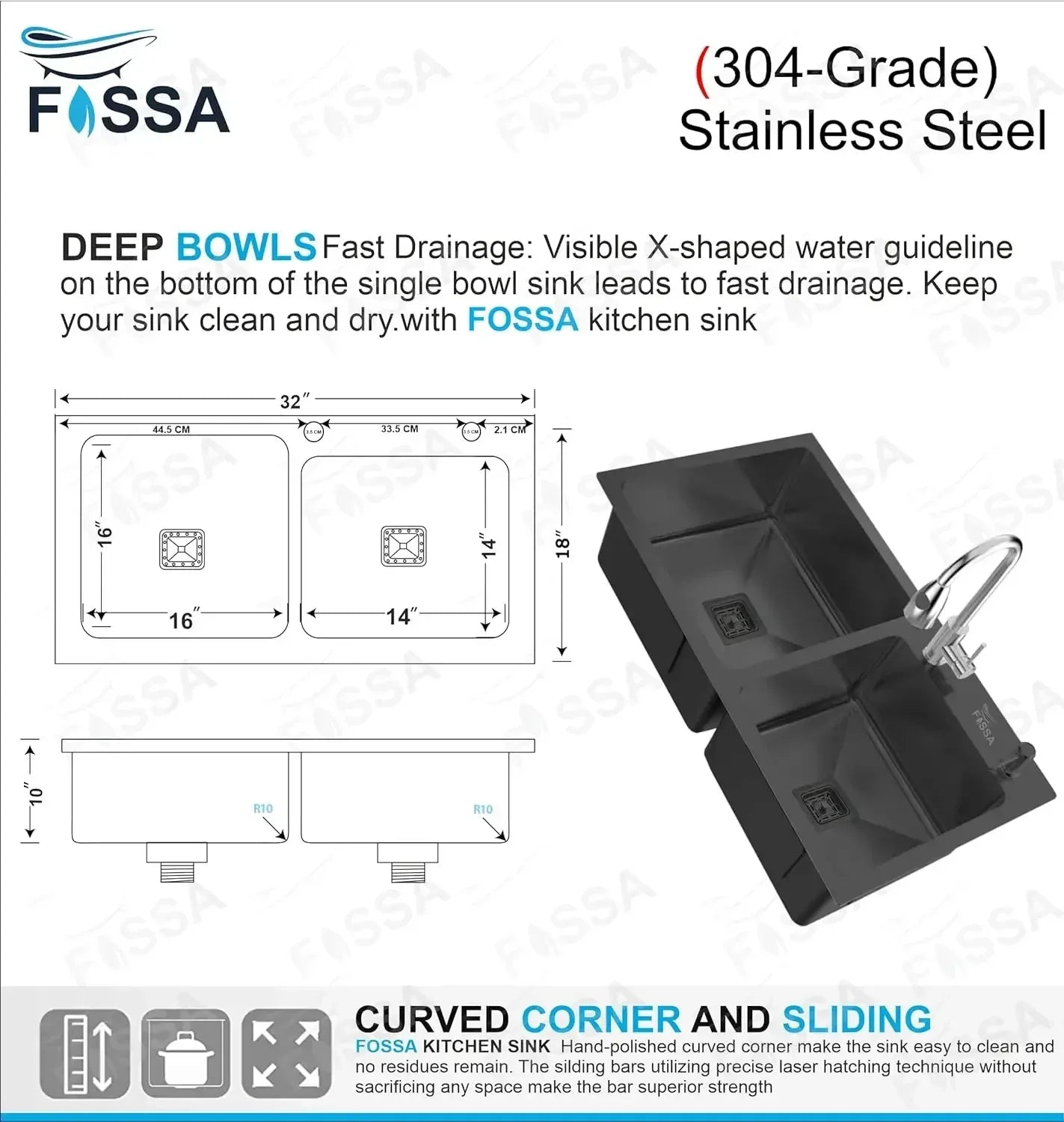 304 Handmade (32x18x10) Inch Stainless Steel Double Bowl Black Kitchen Sink With Tap Hole-1