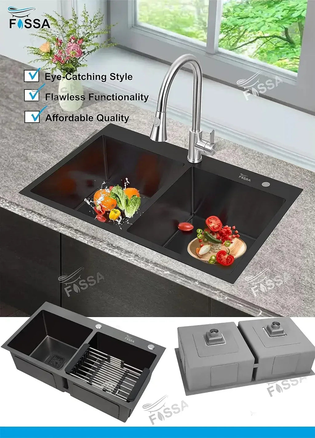 304 Handmade (32x18x10) Inch Stainless Steel Double Bowl Black Kitchen Sink With Tap Hole-4
