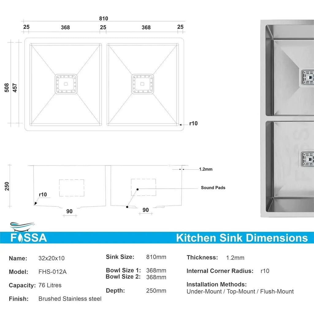 304  Handmade (32x 20x 10) Inch Double Bowl  Silver Stainless Steel Kitchen Sink-1