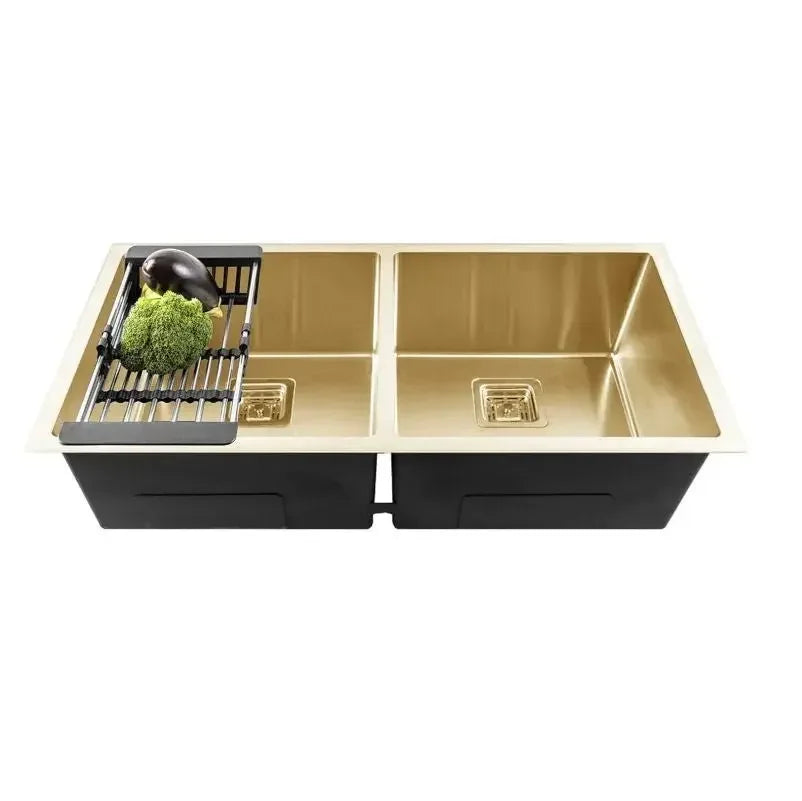 304 Handmade (37x 18x 10) Inch Double Bowl Gold Stainless Steel Kitchen Sink-0
