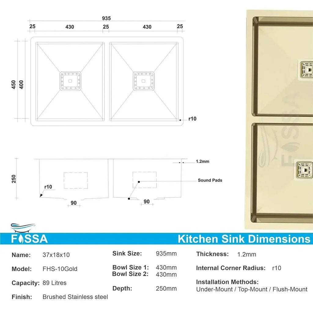 304 Handmade (37x 18x 10) Inch Double Bowl Gold Stainless Steel Kitchen Sink-1