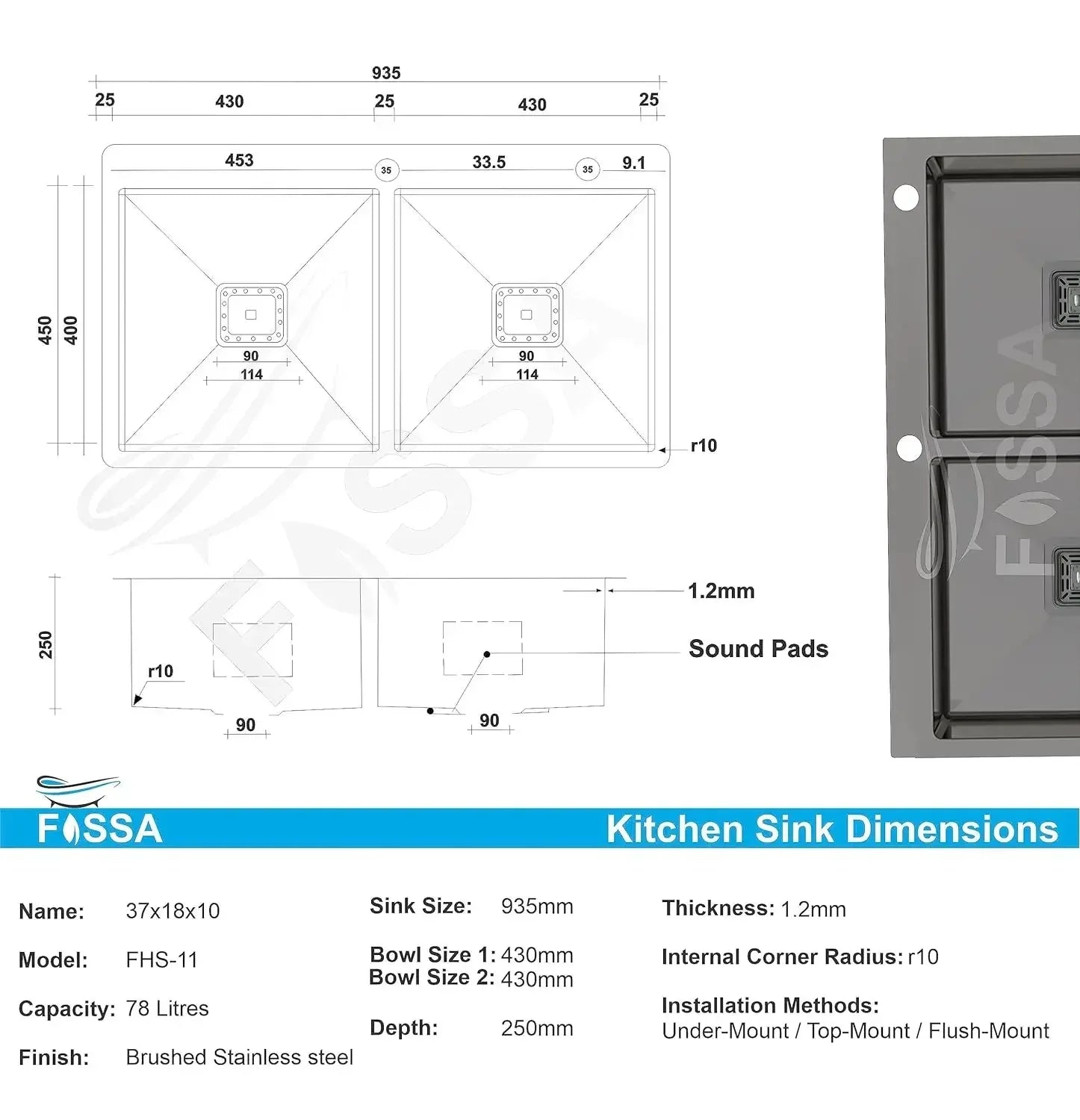 304 Handmade (37"x18"x10) Inch  Stainless Steel Double Bowl black Kitchen Sink With Tap Hole-1