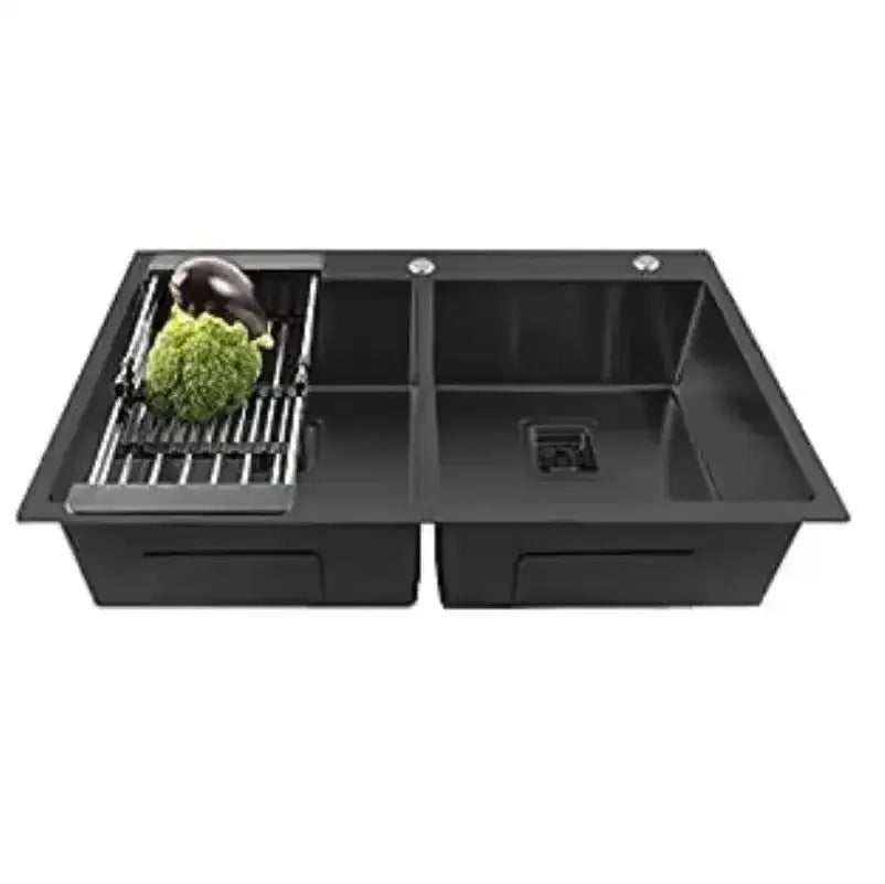 Premium Handmade (37"x18"x10) Inch Stainless Steel Double Bowl Black Kitchen Sink With Tap Hole-0