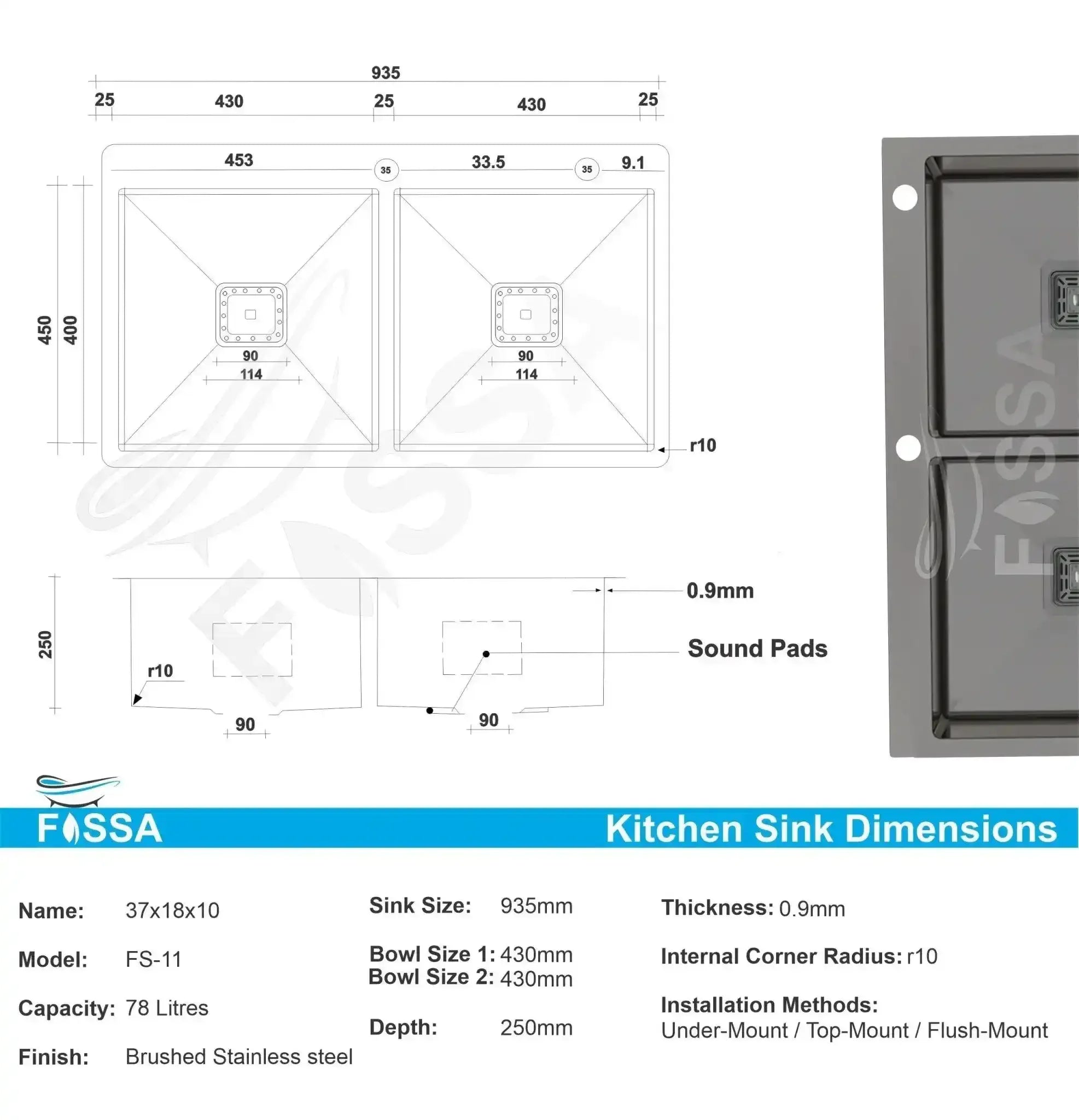 Premium Handmade (37"x18"x10) Inch Stainless Steel Double Bowl Black Kitchen Sink With Tap Hole-1
