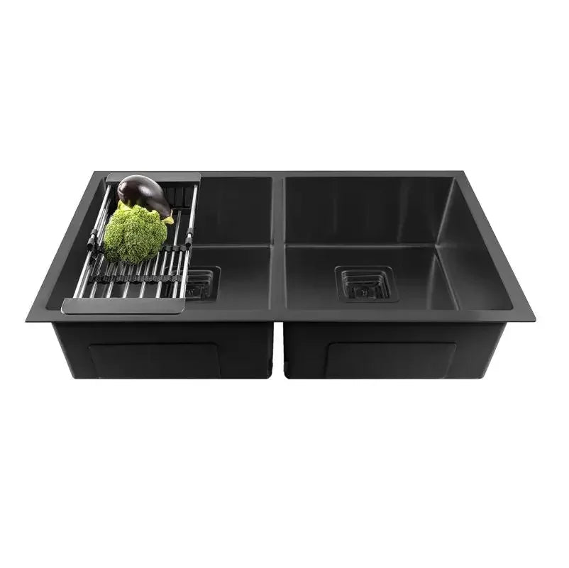 304 Handmade (45x 20x 10) Inch Double Bowl  Black Stainless Steel Kitchen Sink-0