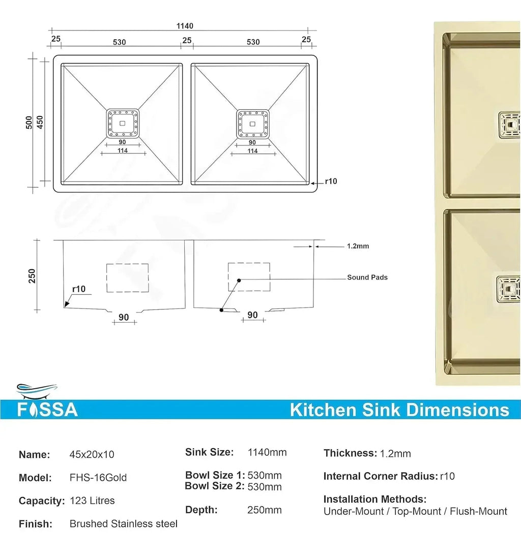 304 Handmade (45 x 20x 10) Inch Double Bowl Gold Stainless Steel Kitchen Sink-1