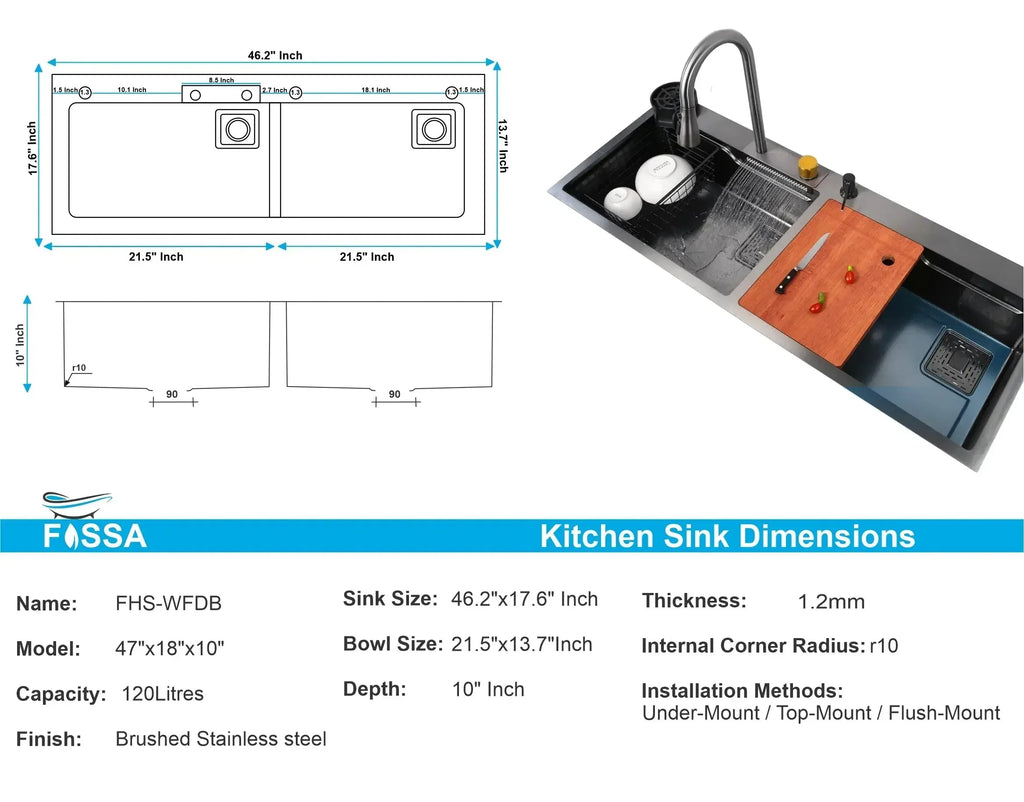304  black Stainless Steel Smart Waterfall Kitchen Sink (47"x18"x10")-1
