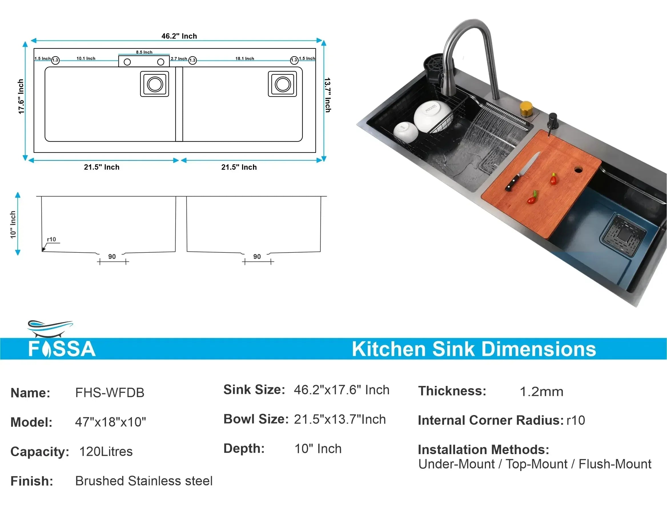 304  black Stainless Steel Smart Waterfall Kitchen Sink (47"x18"x10")-1