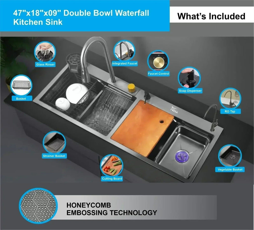 Premium black  Stainless Steel Smart Waterfall Kitchen Sink (47"x18"x10")-2