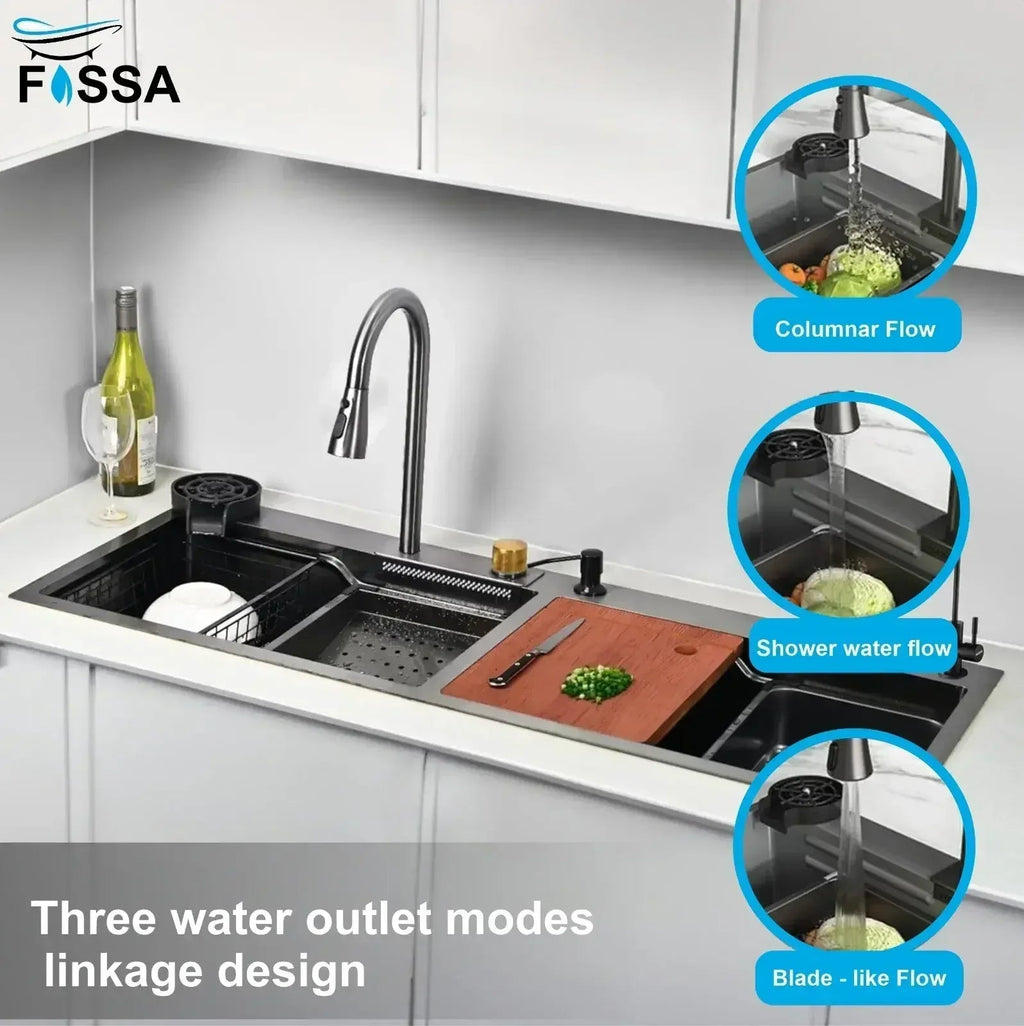 Premium black  Stainless Steel Smart Waterfall Kitchen Sink (47"x18"x10")-4