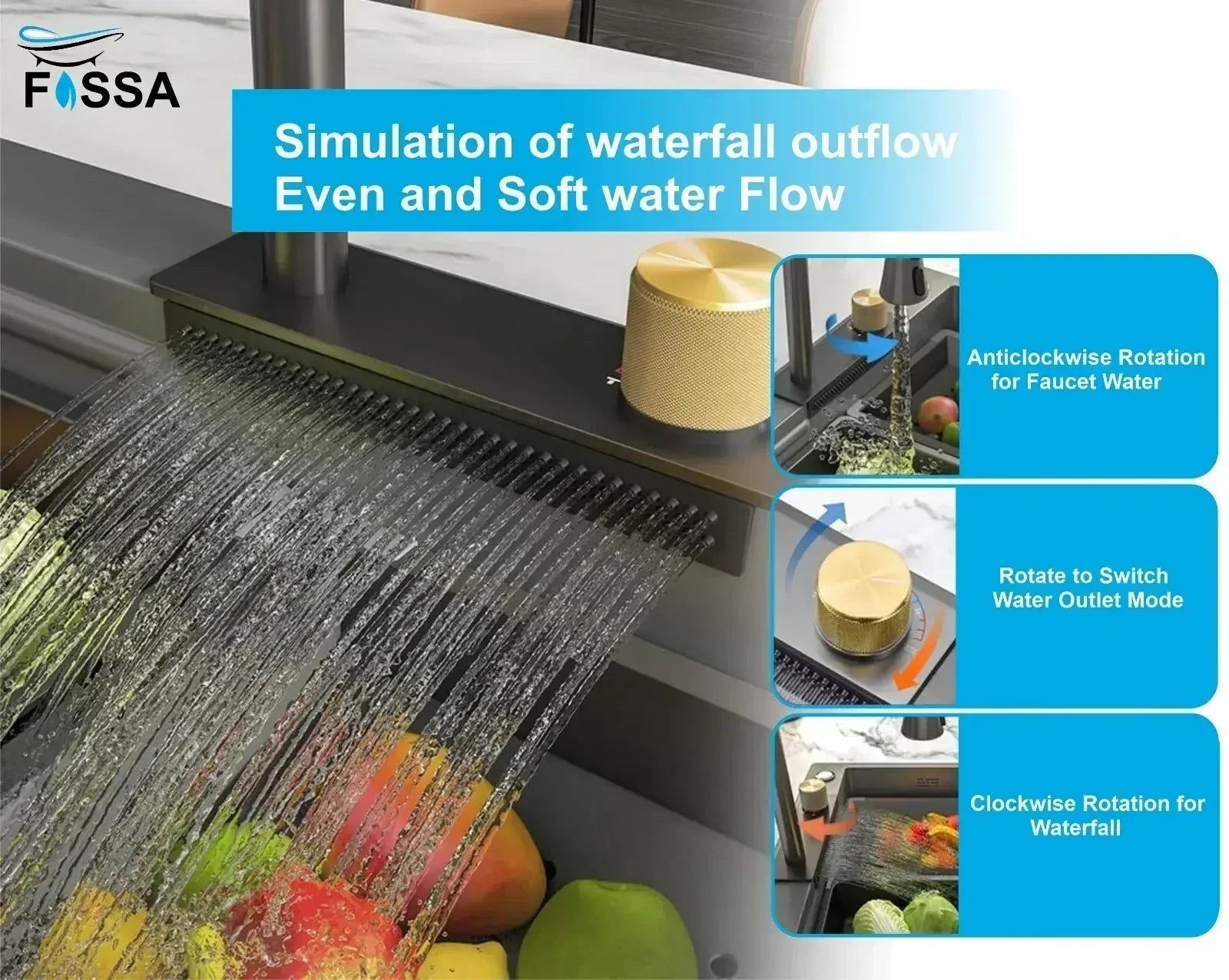 Premium black  Stainless Steel Smart Waterfall Kitchen Sink (47"x18"x10")-3