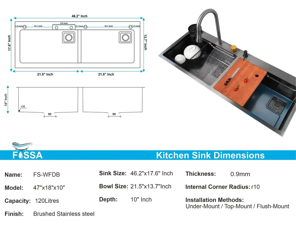 Premium black  Stainless Steel Smart Waterfall Kitchen Sink (47"x18"x10")-1