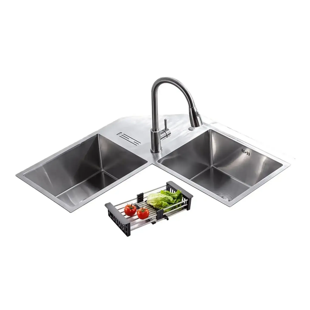 Premium Handmade  36"x36"x10" Inch Stainless Steel Corner Double Bowl Kitchen Sink with Drain Board-0