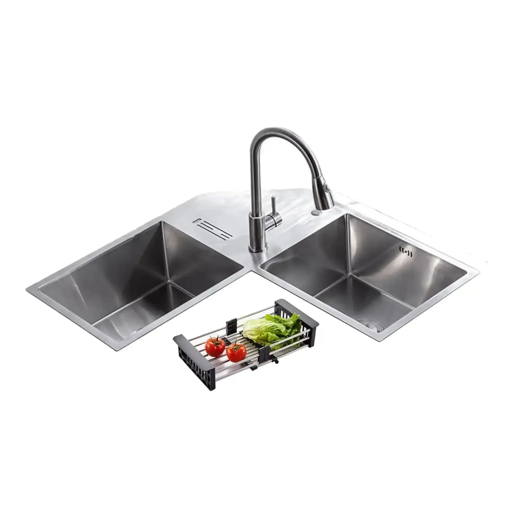 Premium Handmade  36"x36"x10" Inch Stainless Steel Corner Double Bowl Kitchen Sink with Drain Board-0