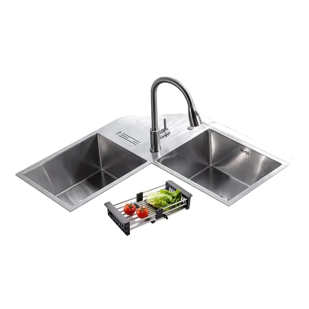 304 Handmade 36"x36"x10" Inch Stainless Steel Corner Double Bowl Silver Kitchen Sink with Drain Board-0