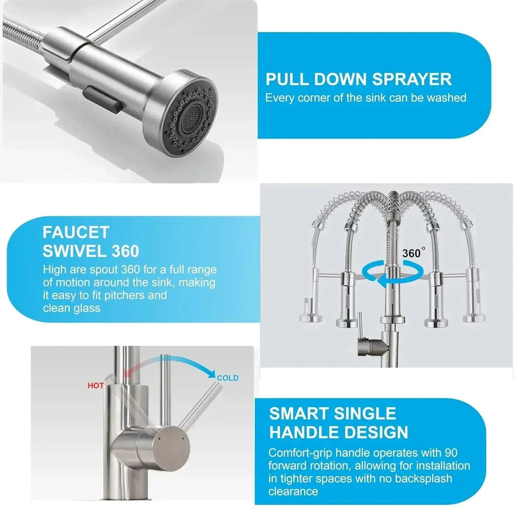 Single-Flow Pull-Down 360° Hot & Cold Brushed Nikal Kitchen Mixer Faucet Silver-1