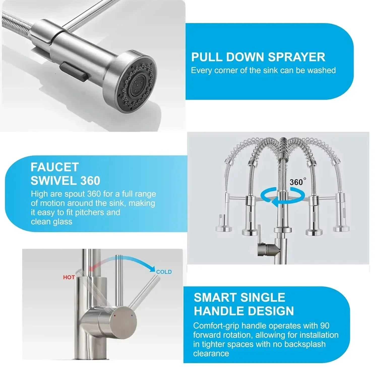 Single-Flow Pull-Down 360° Hot & Cold Brushed Nikal Kitchen Mixer Faucet Silver-1