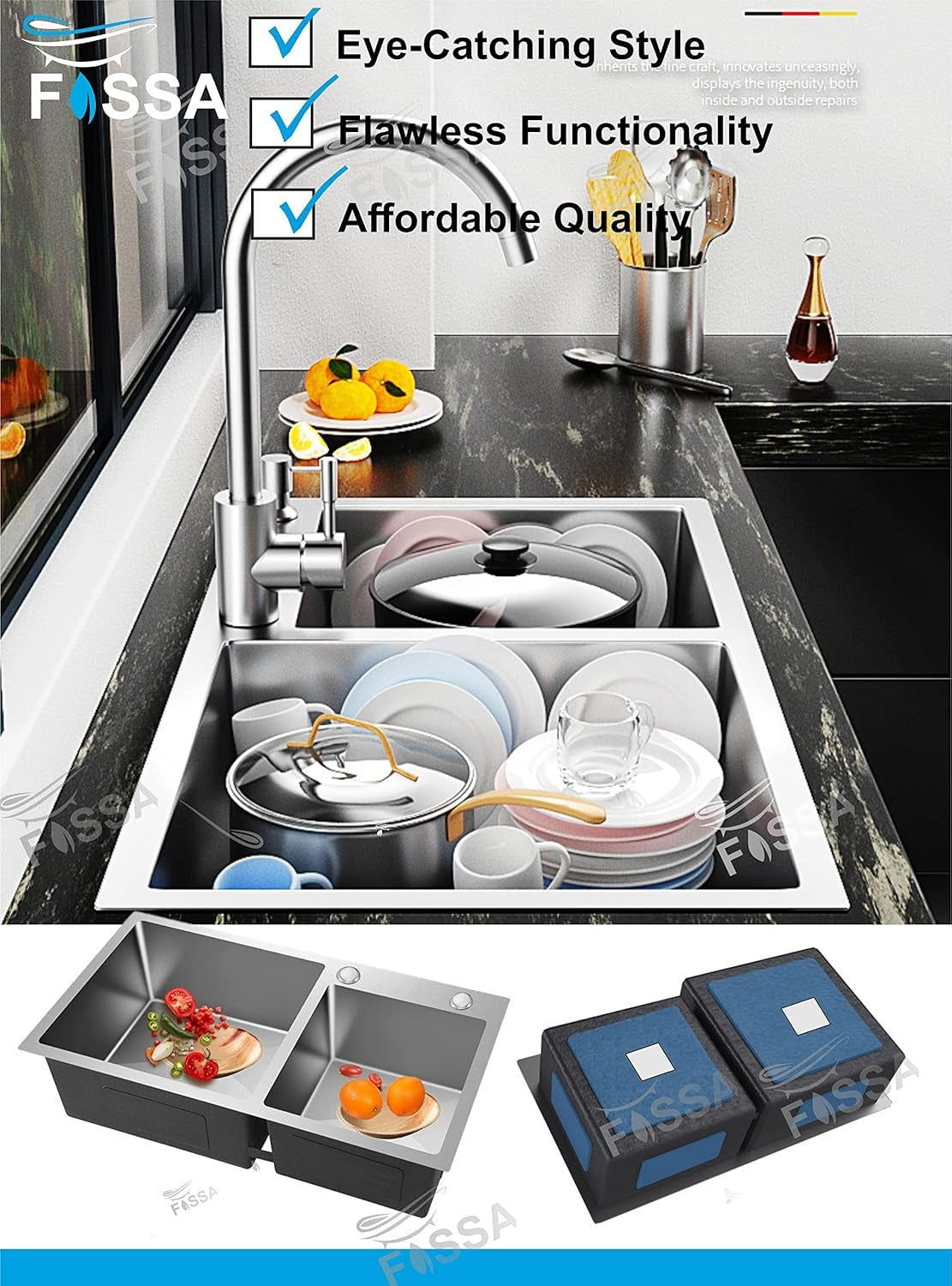 Double Bowl Tap Hole Handmade 304 Stainless Steel Kitchen Sink (37X18x10)-3