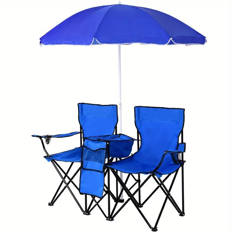 Double chaise de camping avec parasol et glacière