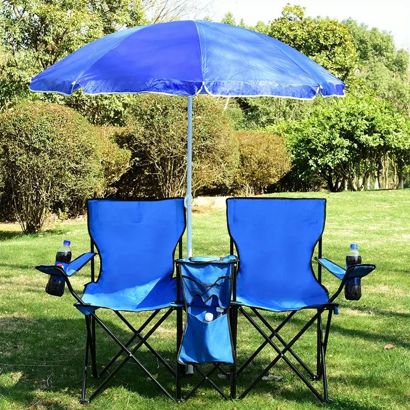 Double chaise de camping avec parasol et glacière