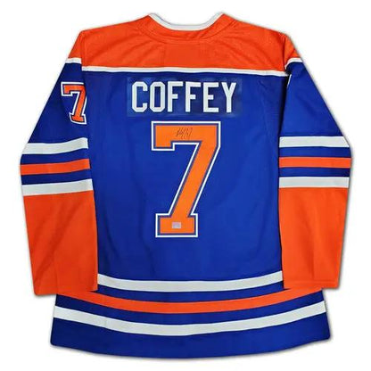 Paul Coffey autographed Edmonton Oilers jersey, blue with orange sleeves and white trim, number 7
