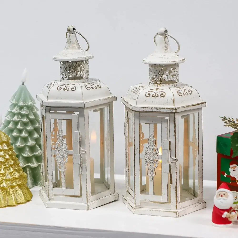 Decorative candle lanterns, 10-inch high vintage hanging lanterns (set of 2) in distressed white by JHY DESIGN