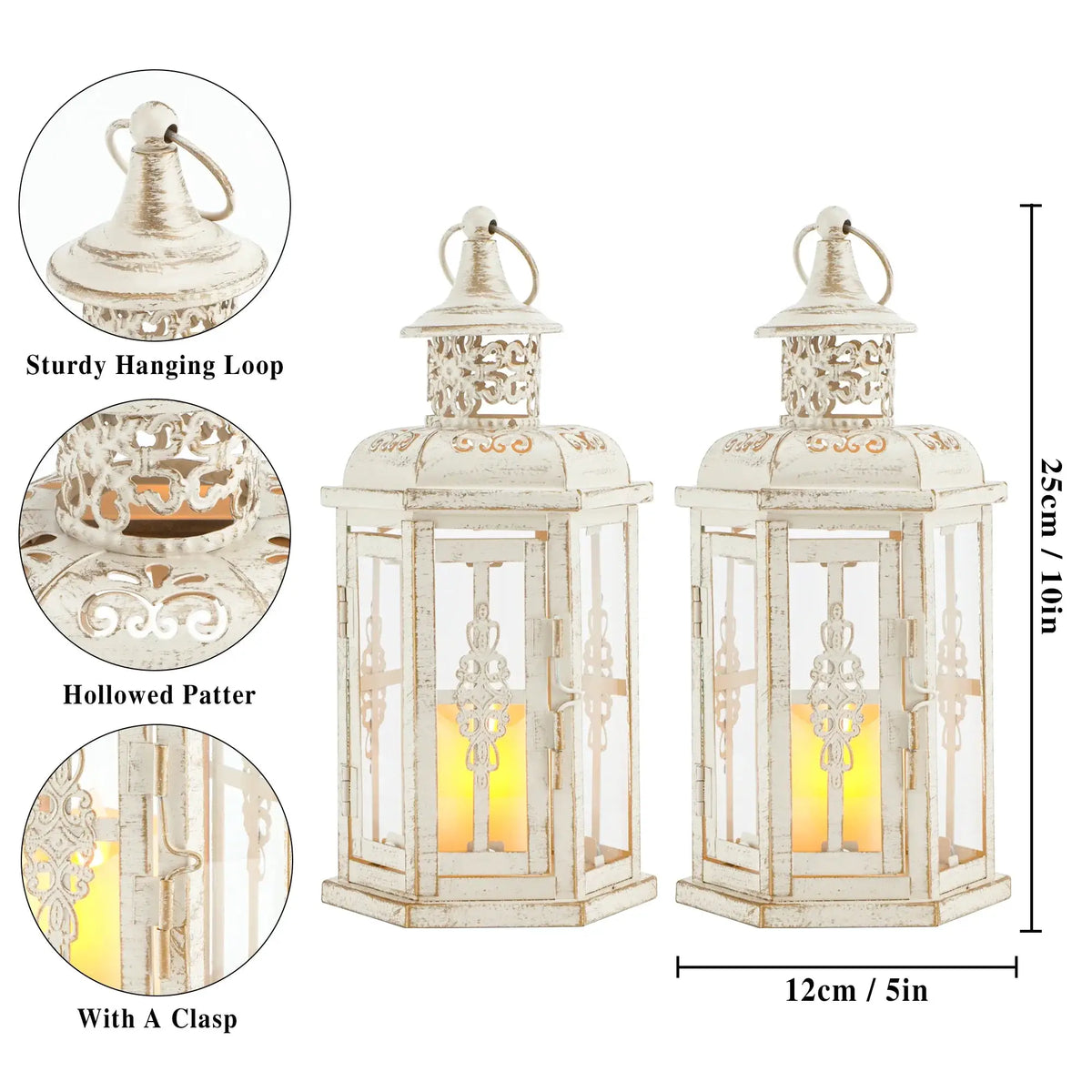 Decorative candle lanterns, 2-pack, JHY DESIGN; 10-inch vintage-style hanging lanterns in distressed white metal.