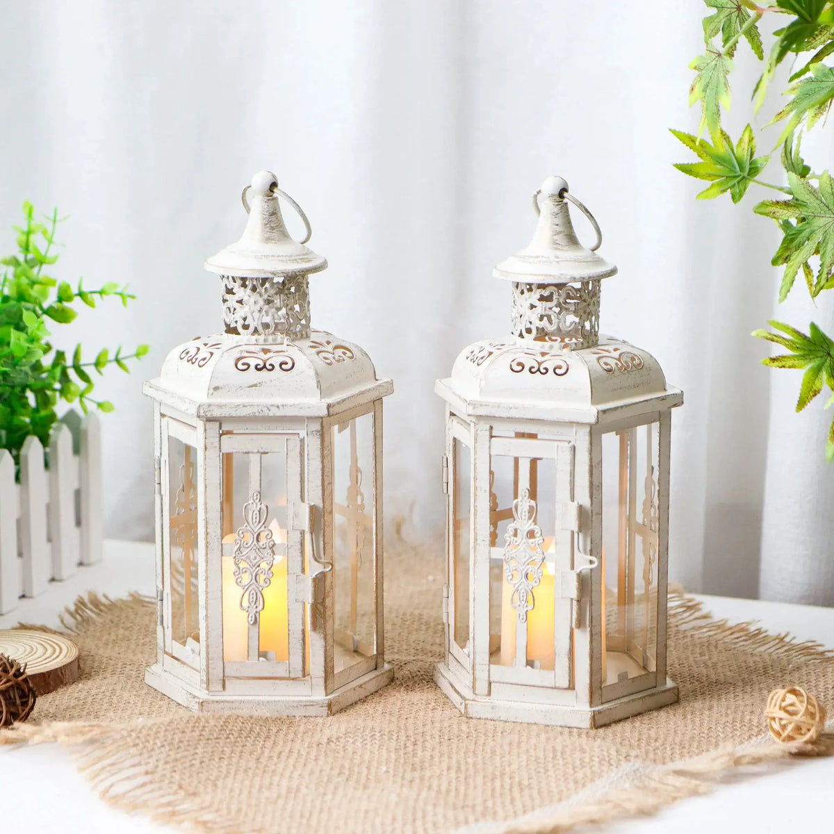 10-inch high vintage-style hanging lanterns, white distressed metal, set of 2 by JHY DESIGN