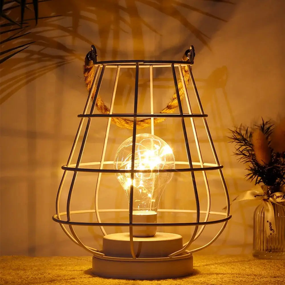 8.5-inch cordless accent lamp with Edison-style bulb in a white metal cage