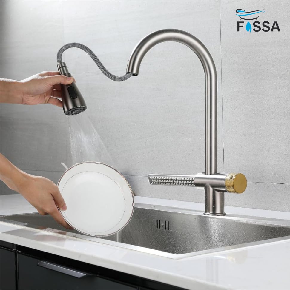 Waterfall Pull Out Four-Flow 360° Hot & Cold Stainless Steel Kitchen Mixer Faucet Silver-4