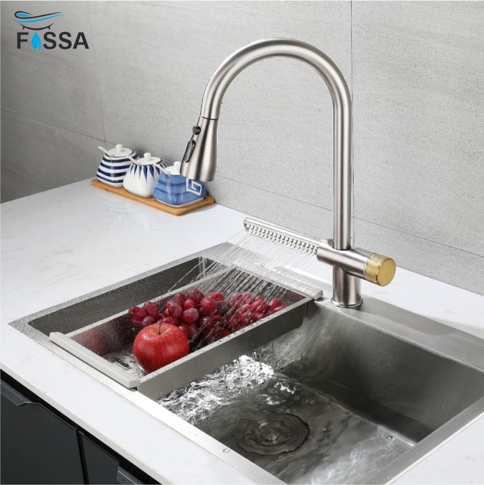 Waterfall Pull Out Four-Flow 360° Hot & Cold Stainless Steel Kitchen Mixer Faucet Silver-3